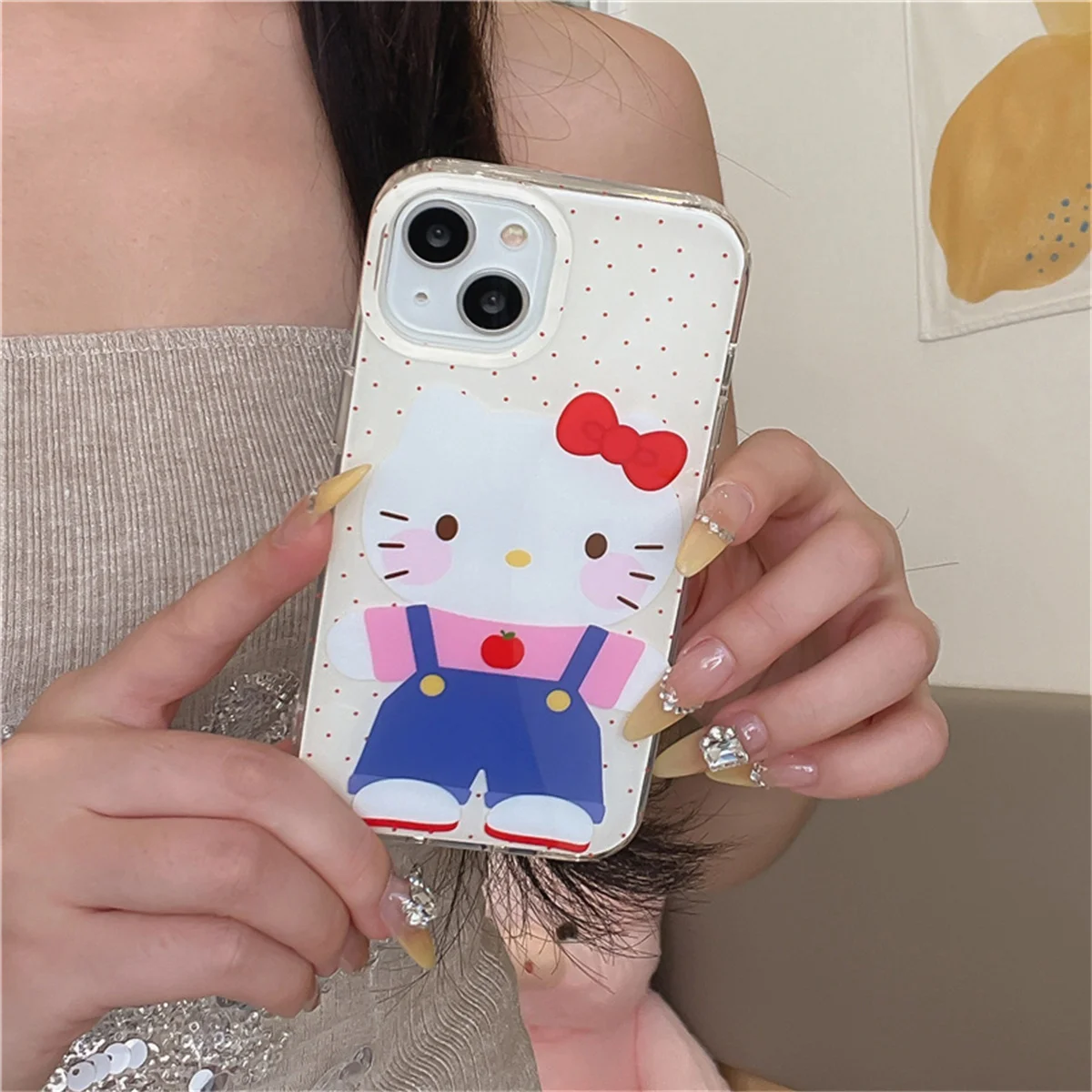 

Kawaii Hellokitty Polka Dot Phone Case For iPhone 16 Pro 15 13 14 Pro Max Back Cover Shockproof Cute Cartoon Cases