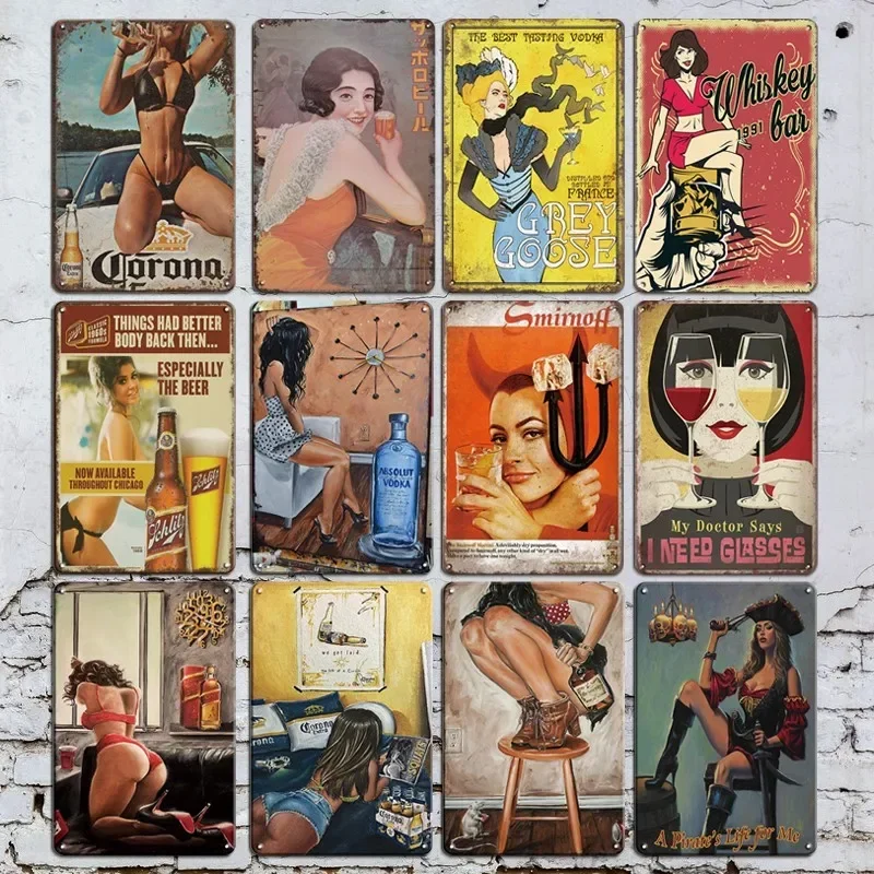 Vintage Bar Sign Beer Poster Metal Plate CHEERS UP Sexy Pin Up Girl Pub Bar Man Cave Home Wall Decor Plate Retro Beer Sign