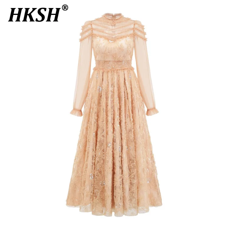 HKSH Women's French Sweet Lace Dress Heavy Craftsmanship Sequined Long Skirt Flower Long Sleeve High Waisted Evening Gown HK3285