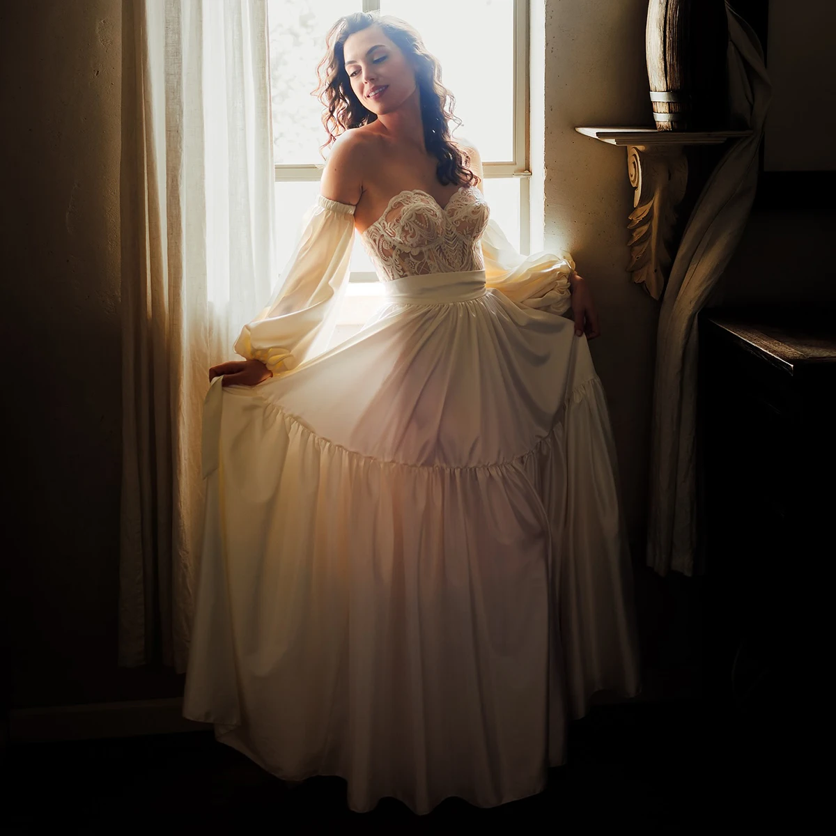 Long Puffy Sleeves Tiered Wedding Dress A Line Off Shoulder Floor Length Soft Satin Bridal Gowns Customized Bridal Gown No Train