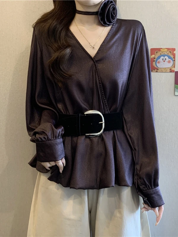 

Ele Purple Satin Long Sve irt Women's V-ne Hanging Ne Top Floral Patterned Korean Sle plus Size Spring 2026