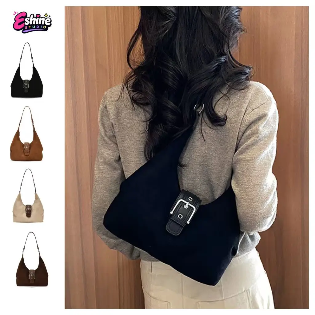 Hobo Bag Women Faux Suede Shoulder Bag Retro Buckle Decor Zipper Closure Underarm Bag Casual Daily Handbag