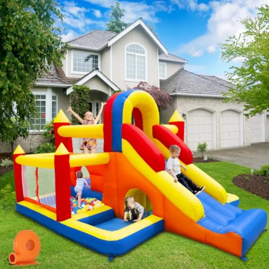 

Indoor Outdoor Bounce House for 3-10 with Long Slide Ball Pit Pool Obstacles Tunnel Climbing Wall Inflatable Bouncy Castle Red