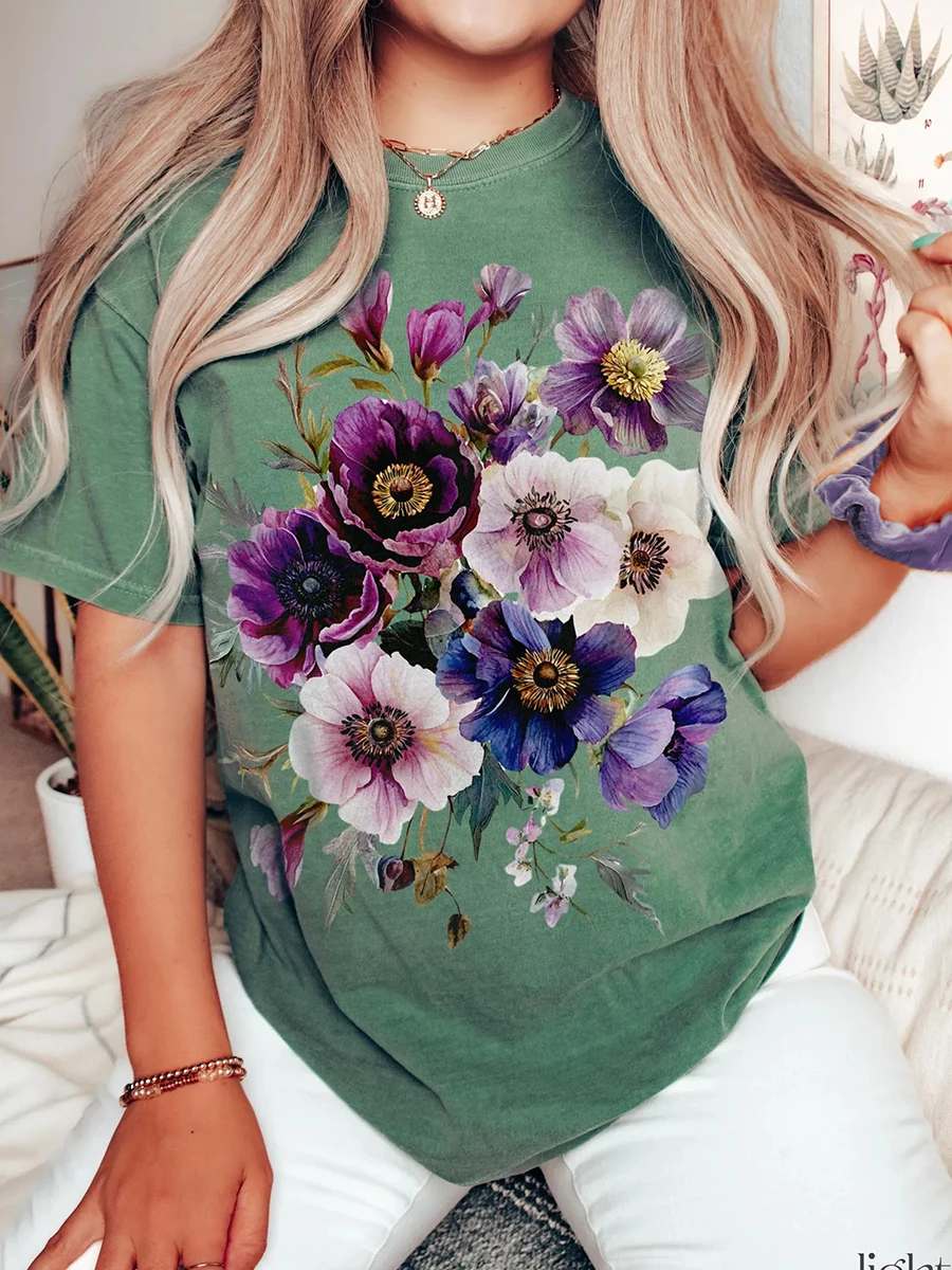 Vintage Pressed Flowers Comfort T-Shirt Boho Cottagecore Tshirt Botanical Purple Floral Tee Apparel Trendy Y2K Casual Streetwear