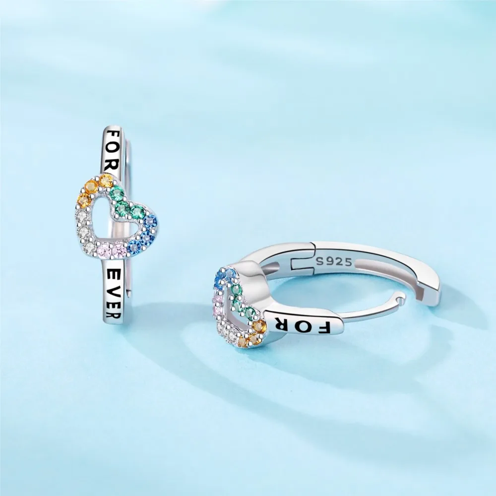 Hot 100% 925 Sterling Silver Colorful Zircon Love-Heart Shape Hoop Earrings For Women Fine Anniversary Jewelry Birthday Gifts image 5
