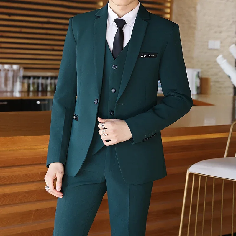 Blazers Pants Vest 3 pieces Sets / 2023 Fashion New Men's Casual Boutique Business Embroidery Suits Jacket Trousers Waistcoat