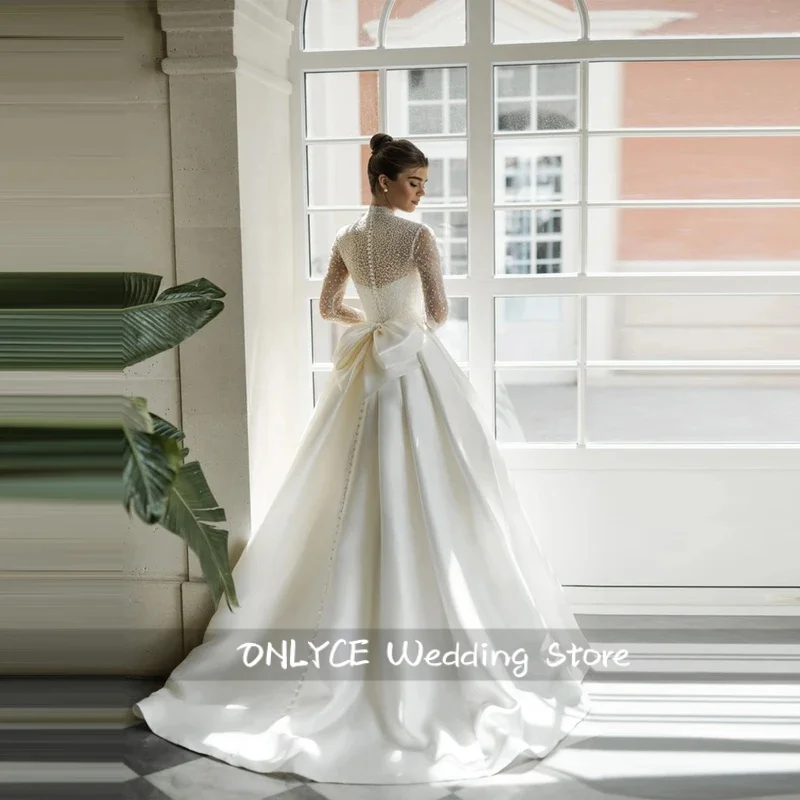 فساتين زفاف من الساتان الوهمي لعام 2026 للنساء برقبة عالية Lvory على شكل حرف a فستان العروس بطول التطهير من Vestidos De Noiva مخصص #3