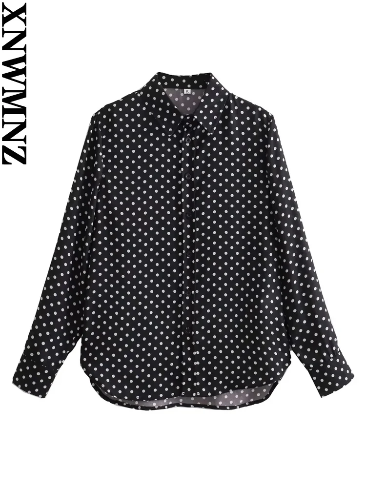 

XNWMNZ Women's Fashion 2023 Slim Fit Polka Dot Shirt Women Vintage Lapel Long Sleeve Front Button Versatile Female Top