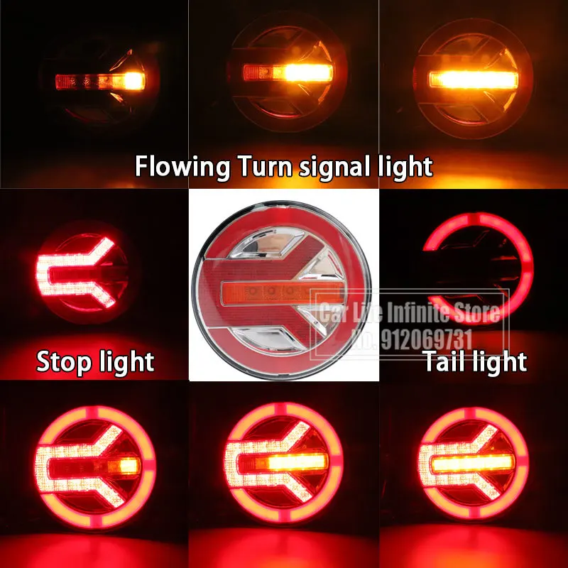 12V 24V Round Tail Light Sequential Dynamic Turn Signal Light LED Brake Reverse Lamp Tractor Van Rear Light For Truck Trailers
