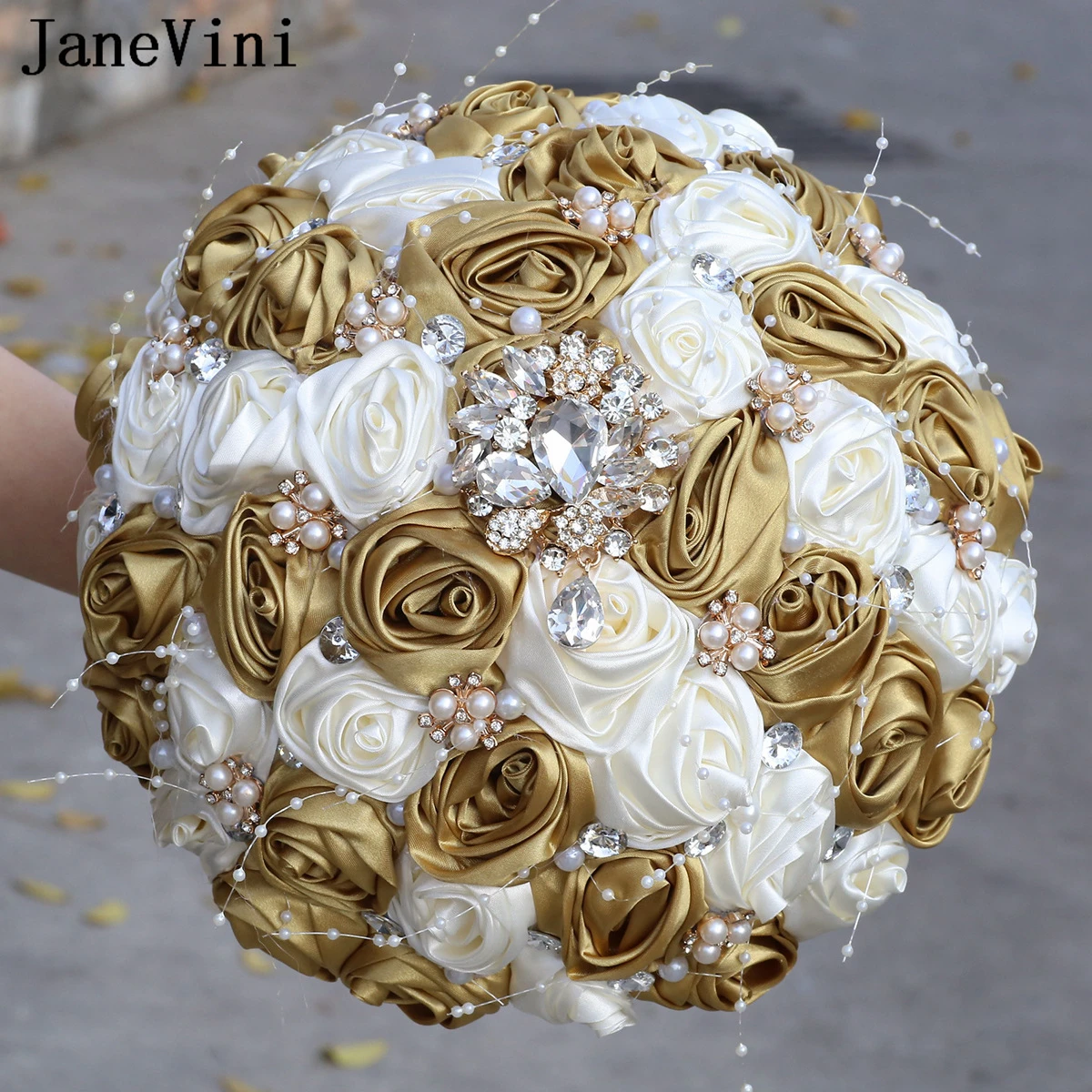 JaneVini Luxury Ivory Gold Pearls Crystal Wedding Bouquet Bride Lace Rhinestone Bridal Bouquet Flowers Wedding Accessories 2025