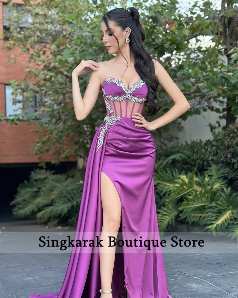 Sexy Purple Mermaid Prom Dress 2024 Beaded Crystals Illusion Side Slit Spainish Evening Gowns Formal Birthday Party Gown