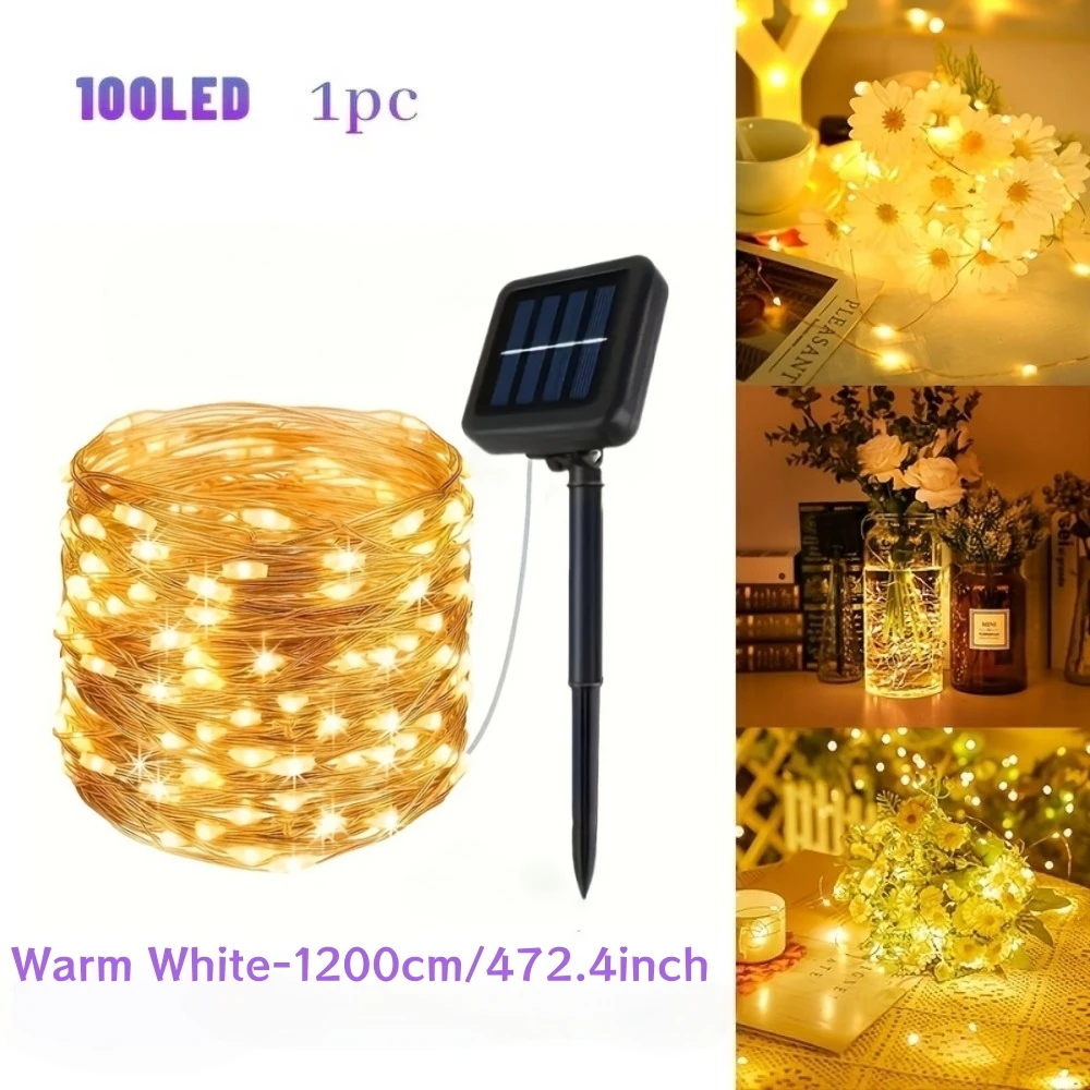 1 szt. 100 LED Lampki druciane na druciku miedzianym, zasilane energią słoneczną, 8 trybów świecenia, odpowiednie na wesela, do wnętrz, na festiwale, do sypialni