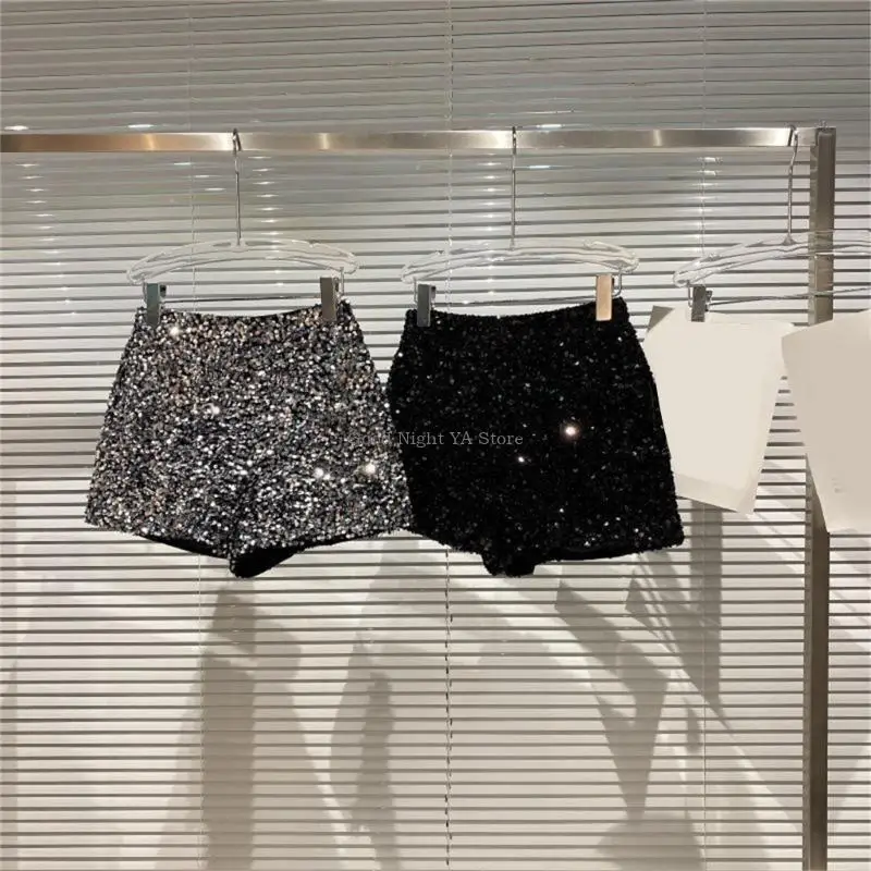 Women Sparkly Straight Leg Shorts Glitter Sparkles Hot Pants Party Shorts