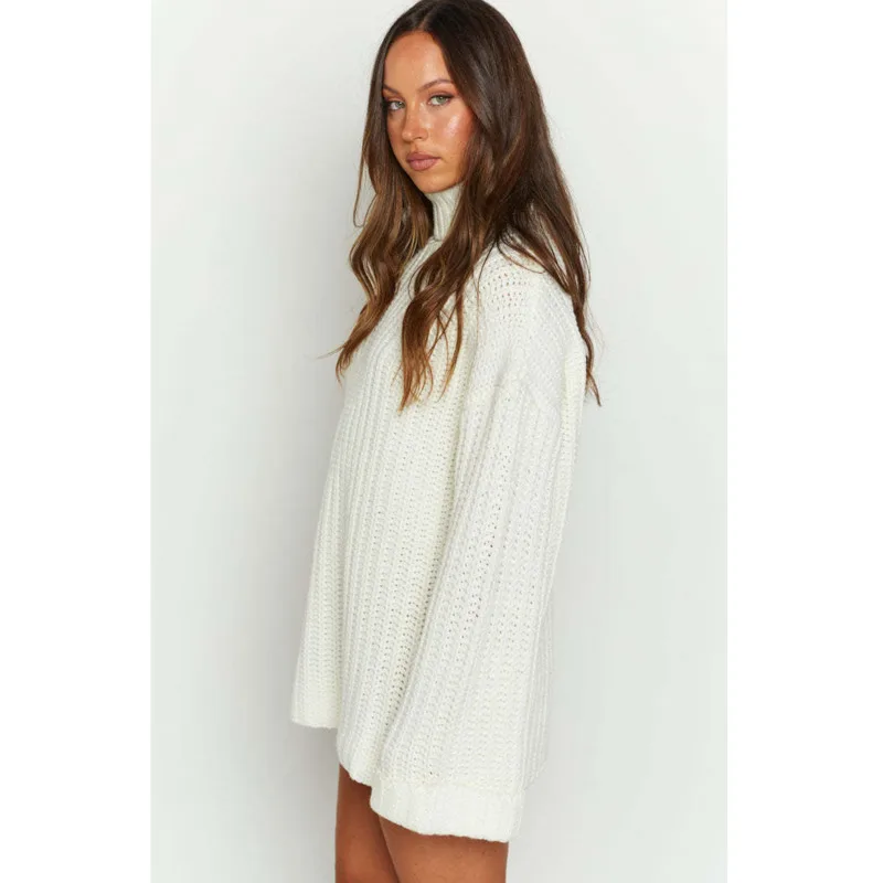 Knitted Sweater Women 2024 Autumn Winter Commuting Vacation Europe America Solid Color Loose Medium Length Pullover Couple Top