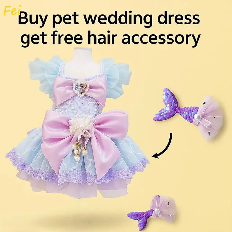 

New High-end Mermaid Dog Dress Pure Handmade Crystal Sequin Blue Purple Tutu Skirt w/Free Hair Accessories for Small Medium Dogs