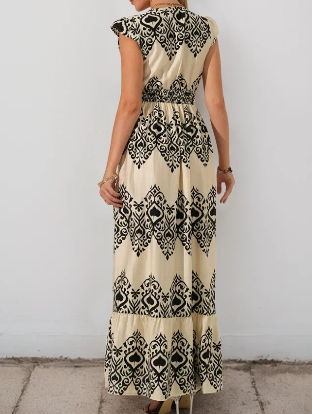 Sommer Kleid Frau Vintage Floral Print V-ausschnitt Ärmellose Weste Elegante Hohe Taille Lose A-Line Midi Kleid Frau