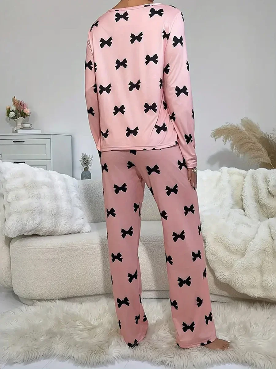 Ensemble de pyjama imprimé nœud pour femme, col rond, manches longues, taille élastique en Y, pantalon long, tenue 2 pièces, automne