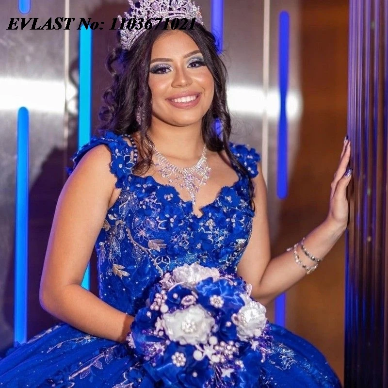 EVLAST-Vestido de Baile Quinceanera Azul Royal, Applique Floral 3D, Espartilho Beading, Sweet 16, XV 15, 15 Anos, SQ37