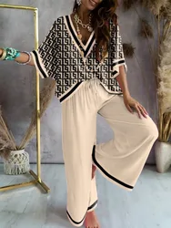 Freeacy Summer Women's Casual Suit Deep V-neck Half Sleeve Printed Shirt Top and High Waist Wide Leg Pants Summer Thin Outfits