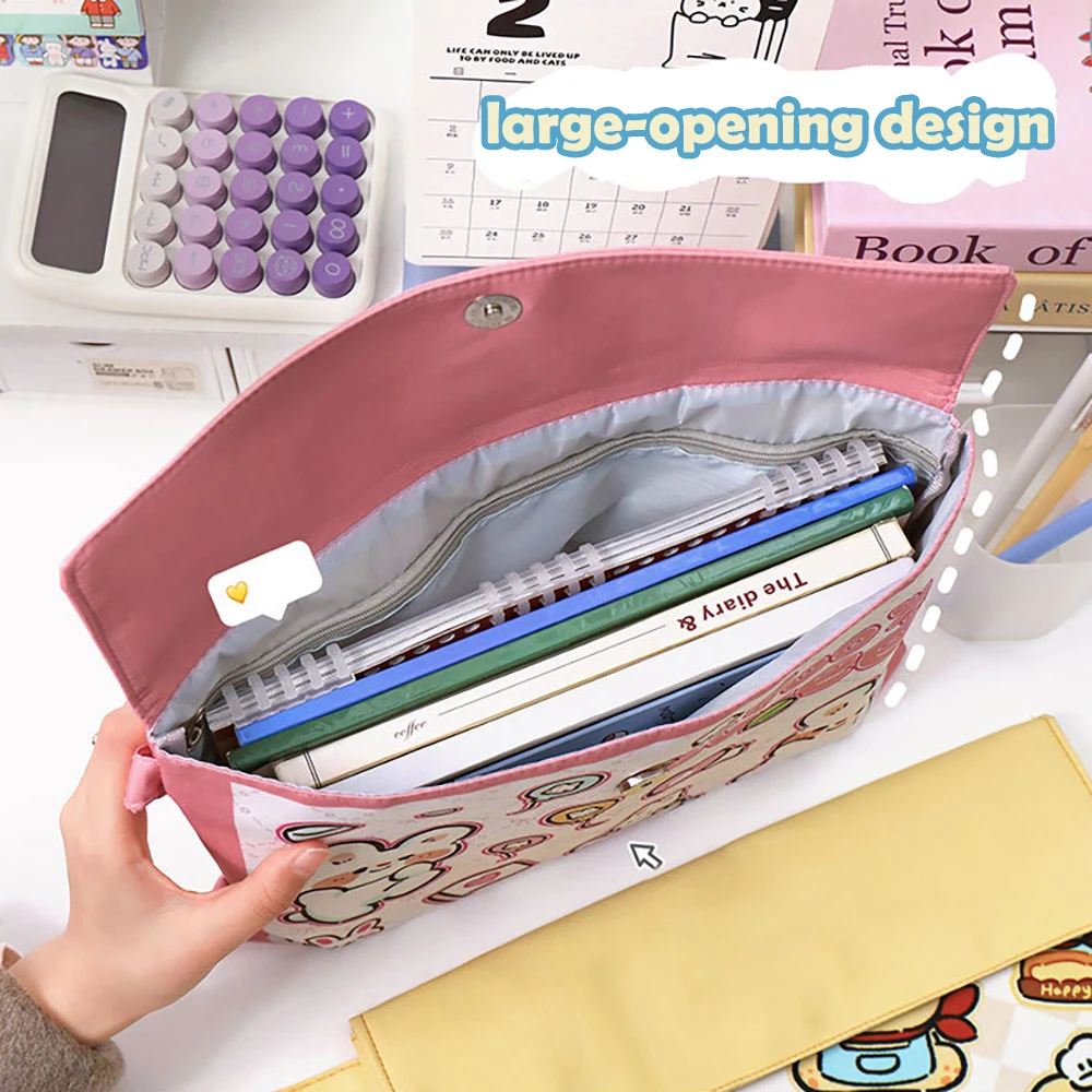 Cartoon file bag, cute large capacity A4 stationery storage bag, creative canvas magnetic snap button bill storage bag