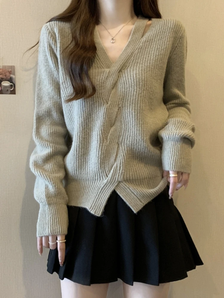

Slimming V-Neck Cross Knitwear Top for Women Early Spring plus Size Beautiful Sweater Korean Style Commute Fashion Short Sleeve