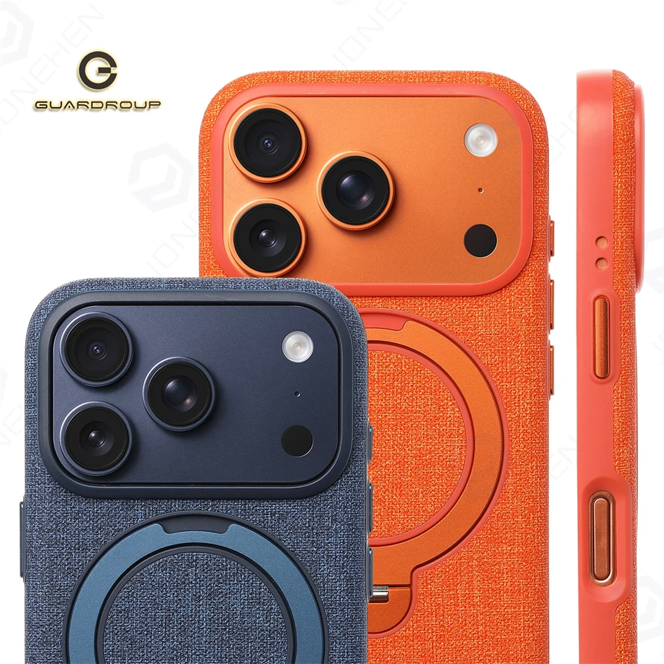 

Magnetic Retro Business Fabric Leather Case For iPhone 17 Pro Max 17pro Alloy Rotat Bracket Wireless Charging Shockproof Cover