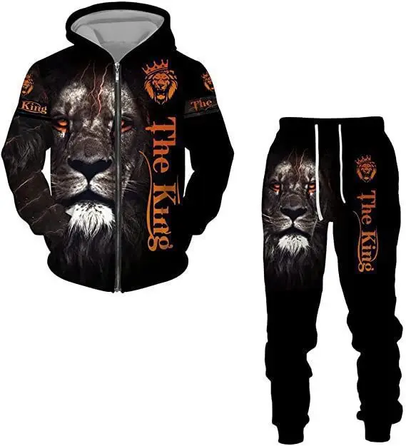 Herren Reißverschluss-Hoodie Trainingsanzug mit 3D-Grafikdruck Löwenkönig Langarm-Sweatshirt Jogginghose Locker Sitzend Herbst Winter Hip-Hop Alltagskleidung – Detail 4