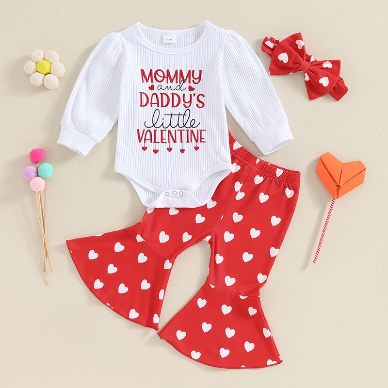 

Baby Girls Valentine's Day Outfits Letter Print Long Sleeve Rompers Heart Print Flare Pants Headband 3Pcs Sweety Clothes Set
