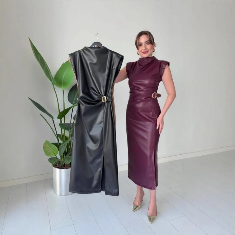

2026 Temperament Dress Solid Color Leather Dresses For Woman Party Wedding Vestido Street Hot Girl Style Fashion Sleeveless Silm