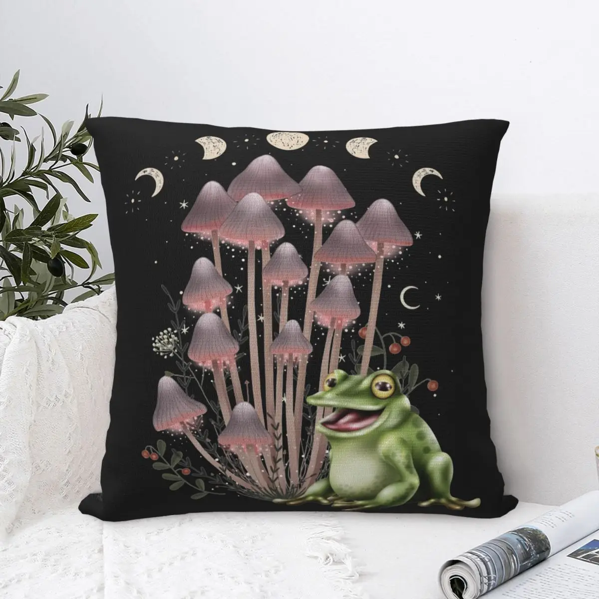 Cottagecore Aesthetic Frog Mushroom Moon Phase Goblincore Shrooms Pillow Case Cushion Cover Decorative Pillowcase for Home