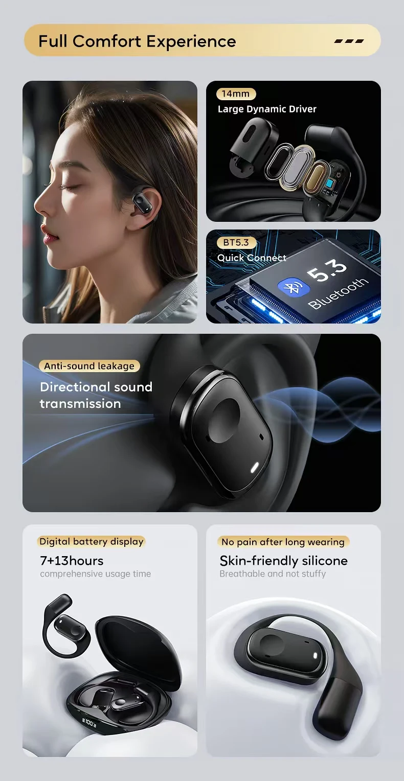Open-Ear Headphones with Stable Comfort & Hi-Res Sound Pure Bass Boost Bluetooth 5.3 Earbuds OWS Wireless Headphones for Sports
