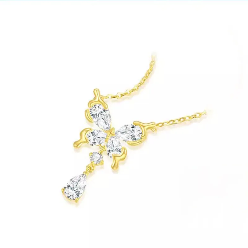 PANJBJ S925 Sterling Silver Zircon Butterfly Necklace For Women Water Drop Tassels Grace Banquet Jewelry Gift Dropshipping image 4