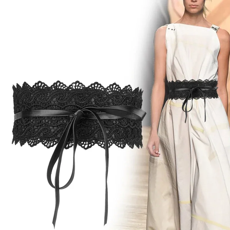 

New Women Bow Lace Belt Corset Wide Belts Black White Female Self Tie Waistband Wedding Dress Waist Band