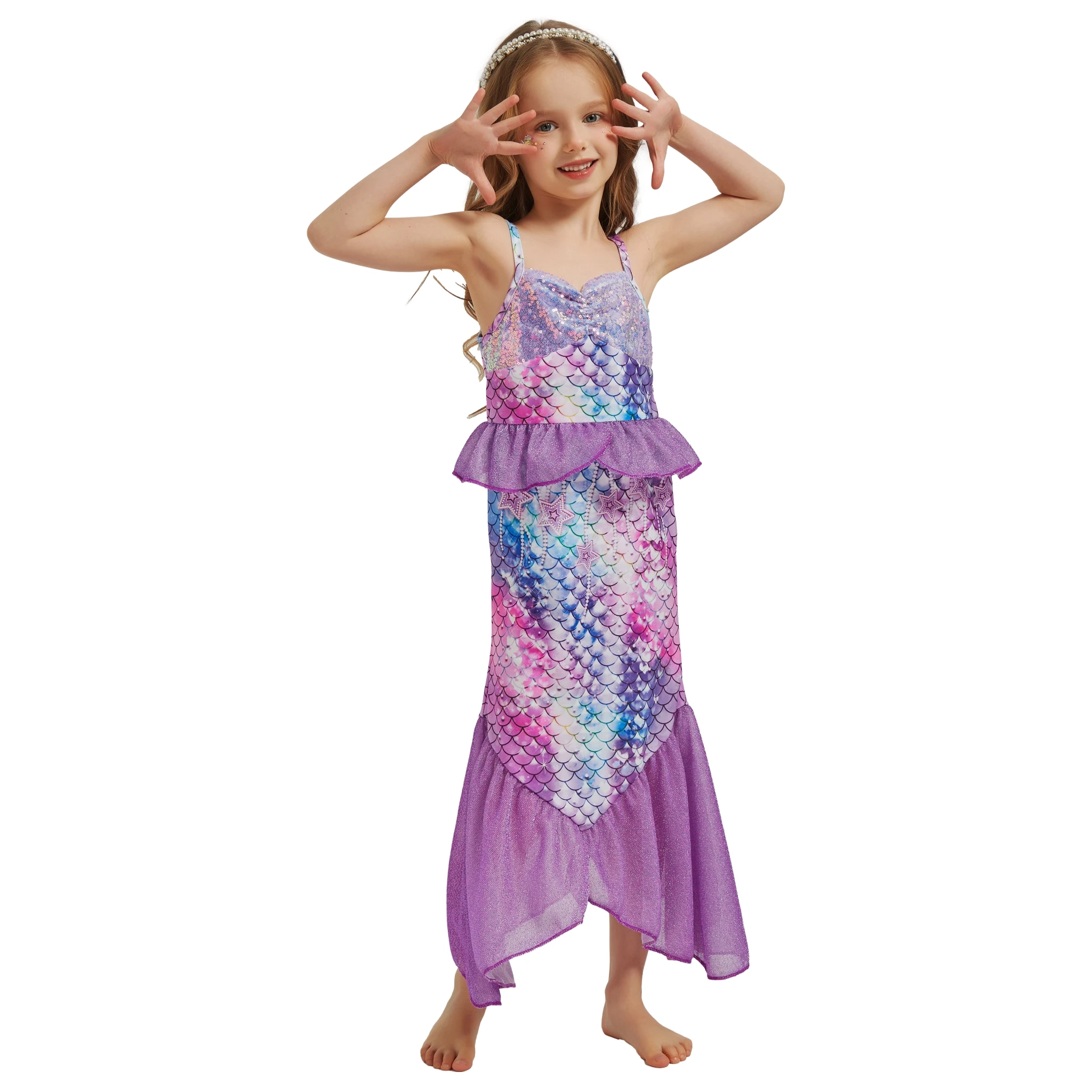 Vestido de sirena para niños, elegante disfraz de princesa sin mangas con lentejuelas para fiesta de cumpleaños y Halloween para niñas