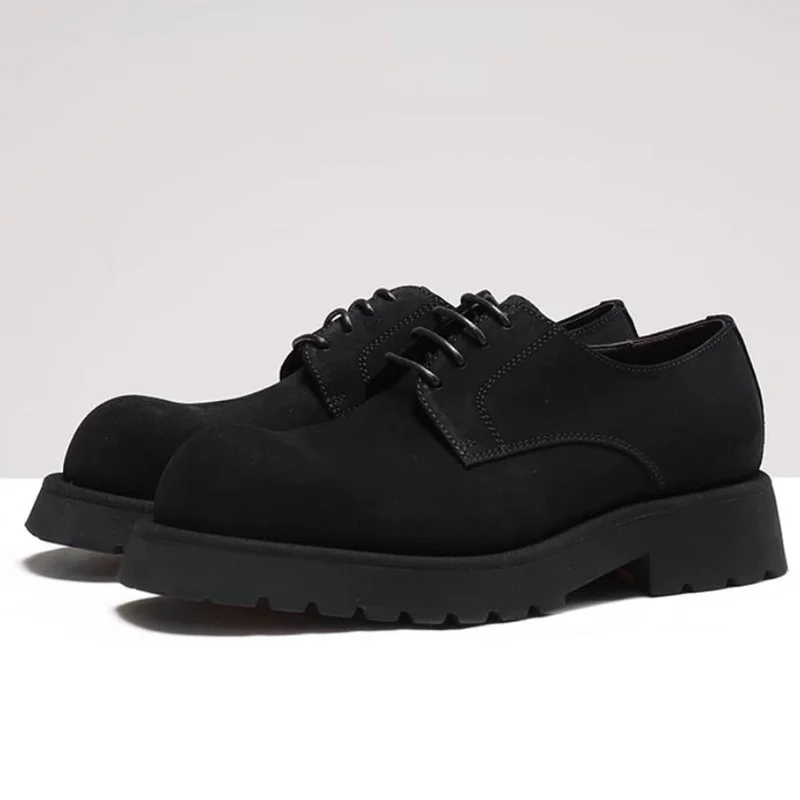 

High Quality Man Workwear Shoes Big Round-toe Suede Leather Shoes Men's Sheepskin Lining Thick-sole 4cm Heels Derby Shoes