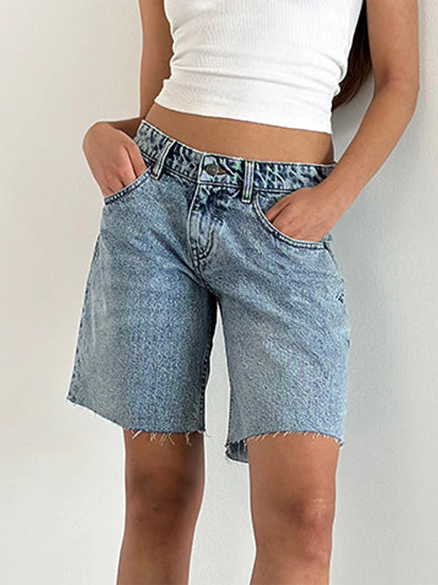Women\'s Knee Length Denim Shorts Summer Loose Solid Color Wide Leg Raw Hem Vintage Bermuda Shorts with Pockets for Streetwear