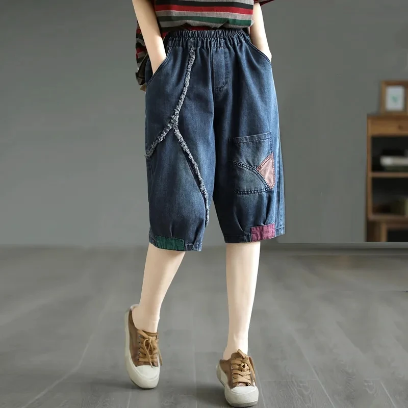 2026 Summer Art Retro Middle Pants Women's Splicing Patch Cloth Six Points Jeans Female Elastic waist Casual Short Denim Pants