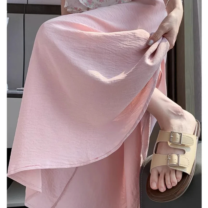 Simplicity Casual Summer Solid Women\'s Elastic Waist Pleated Fashion Breathable Loose High Waist Wide Leg Ankle Length Pantskirt