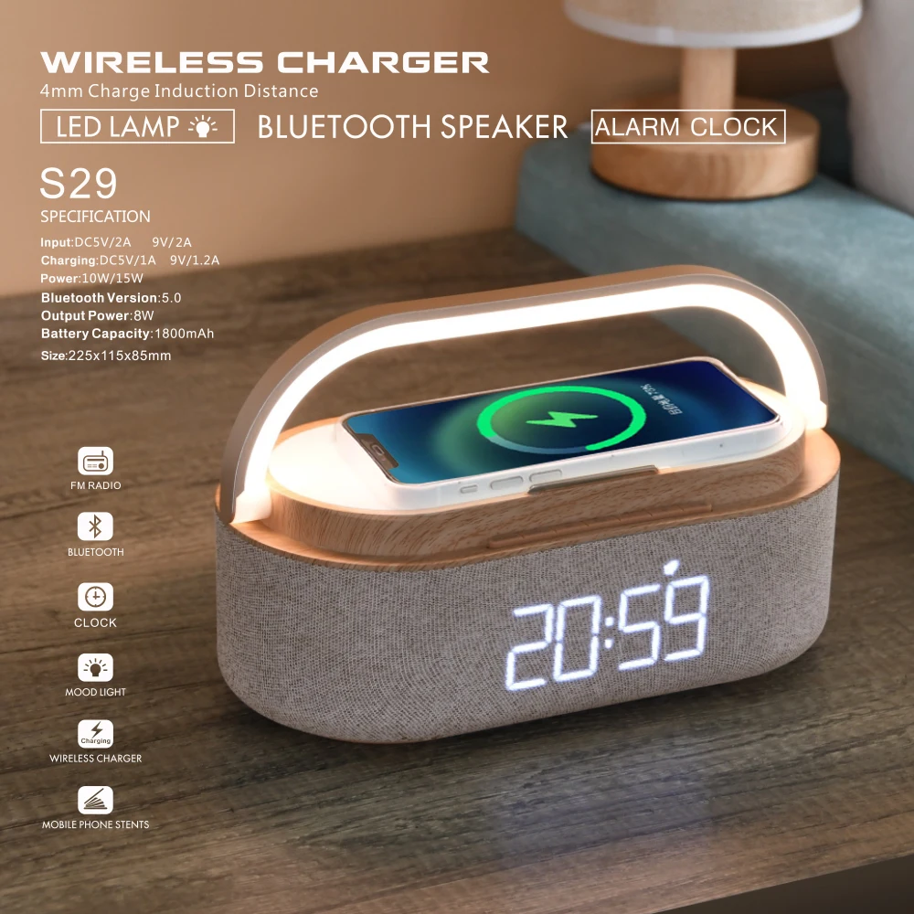 S29 FM Clock Radio Night Light Dual Wireless Speakers Home Bedside Digital Alarm Clock Wireless Charger 15W Bluetooth Speaker