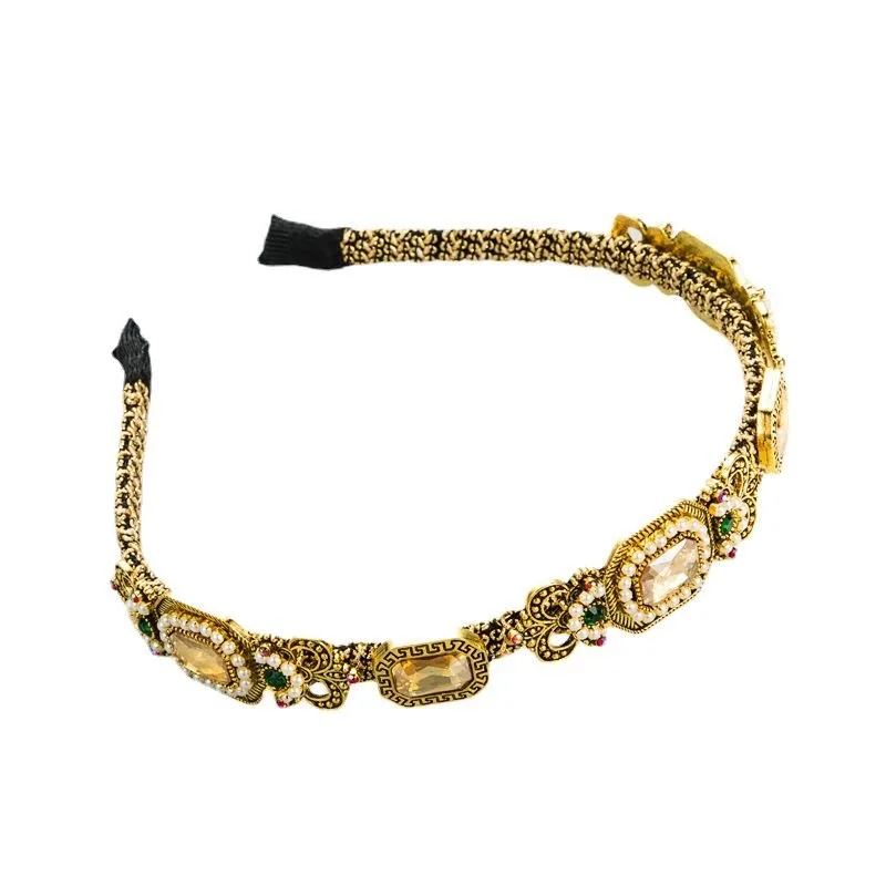 

High-End Baroque Pearl Diamond Embedded Retro Korean Sle Hairpin Headband Heavy-Work Wide-d Hairband Faion Jewelry