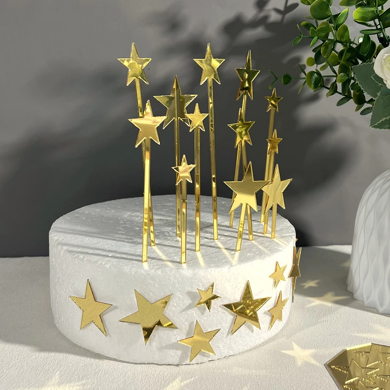 12 قطعة من أغطية الكيك الذهبية على شكل نجمة خماسية لتزيين أعياد الميلاد، مرآة ذهبية من الأكريليك لمجموعة مستلزمات تزيين الكيك