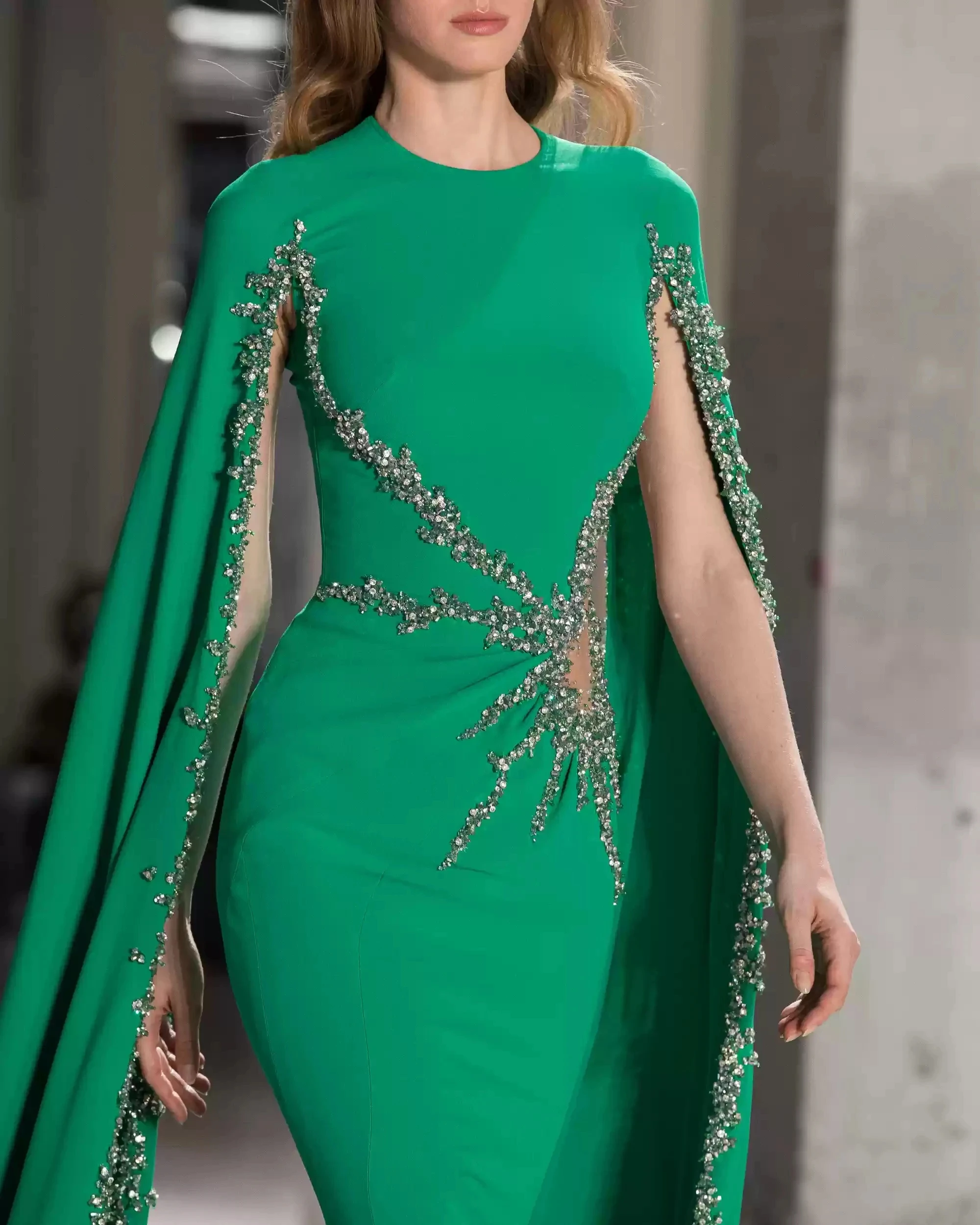 Jirocum Meerjungfrau-Abschlussballkleid für Damen, O-Ausschnitt, Perlen, Party-Abendkleid, Laufsteg, schwimmende Ärmel, bodenlang, formelle Anlässe