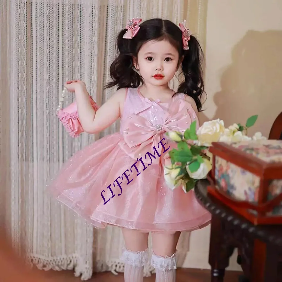 personalizzatoBellissimo abito da ragazza di fiore rosa con fiocco senza maniche per bambini, festa, matrimonio, sera, abito da ballo corto primavera estate
