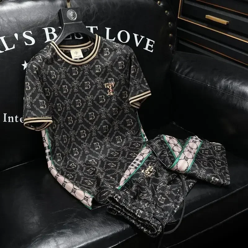 Trendy printed short sleeved sports suit men's summer set men's high-end handsome casual suit