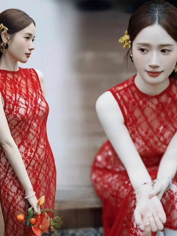 

Chinese Style Wedding Morning Robe Lace off Shoulder Engagement Dress Red Wedding Ceremony Dress Polyester Fabric Online Excl...