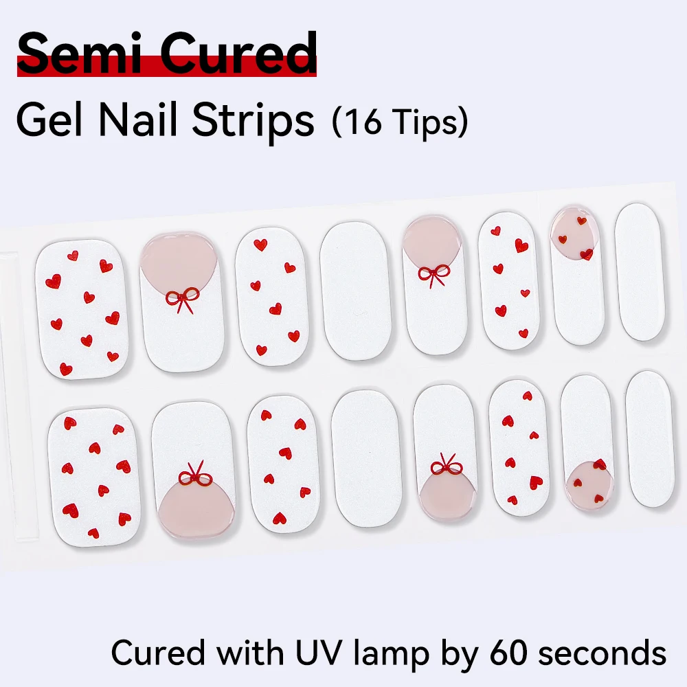 16 Tips Valentijnsdag Semi-Geharde Gel Nagelstickers Lijm Waterdicht Langdurige Volledige Dekking Gel Nagelstrips UV Lamp Nodig
