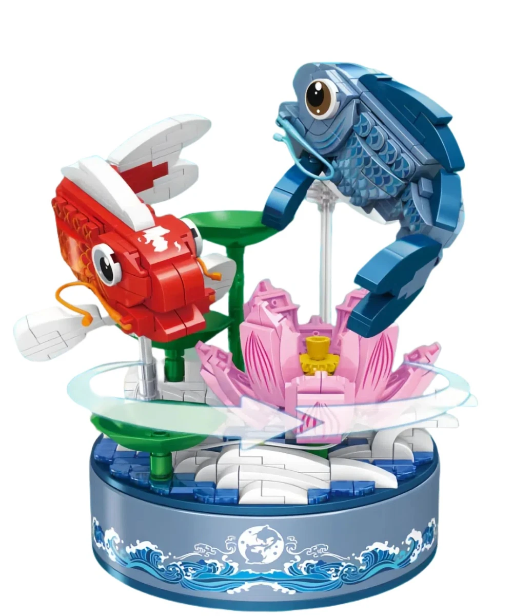 Moc mundo koi carpa peixes caixa de música de lótus blocos de construção conjunto feliz amor animais brinquedo diy para crianças presentes do feriado aniversário do miúdo
