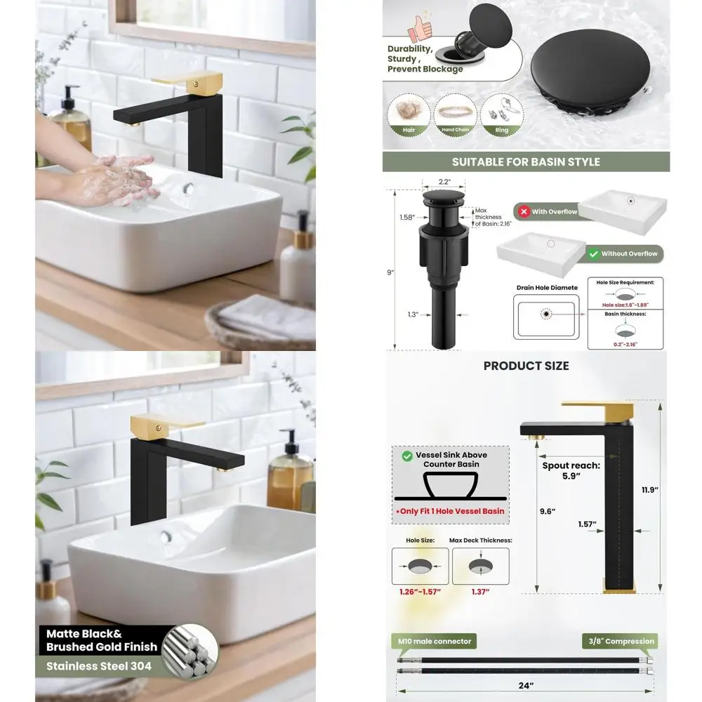 

Single Handle Tall Bathroom Faucet with Matching Hose & Pop-up Drain, Matte Black & Brushed Gold