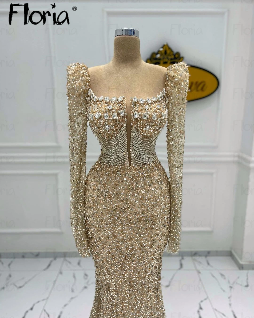 Arabic Mermaid Champagne Evening Dress For Wedding 2024 Luxury Beaded Formal Prom Party Gowns Bride Crystals Robe Soirée Female