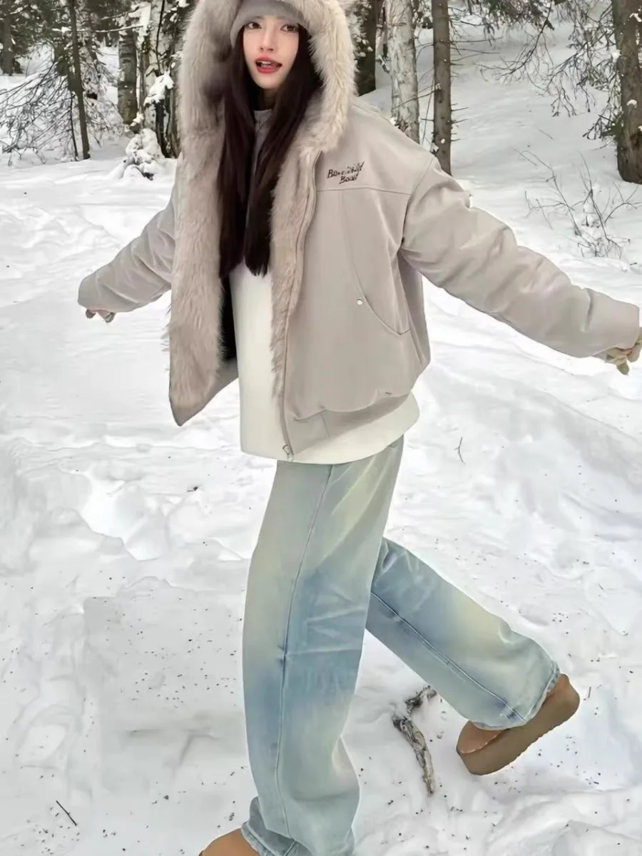 

Женское осенне-зимнее пальто из замши и хлопка с капюшоном и воротником из меха кролика в корейском стиле